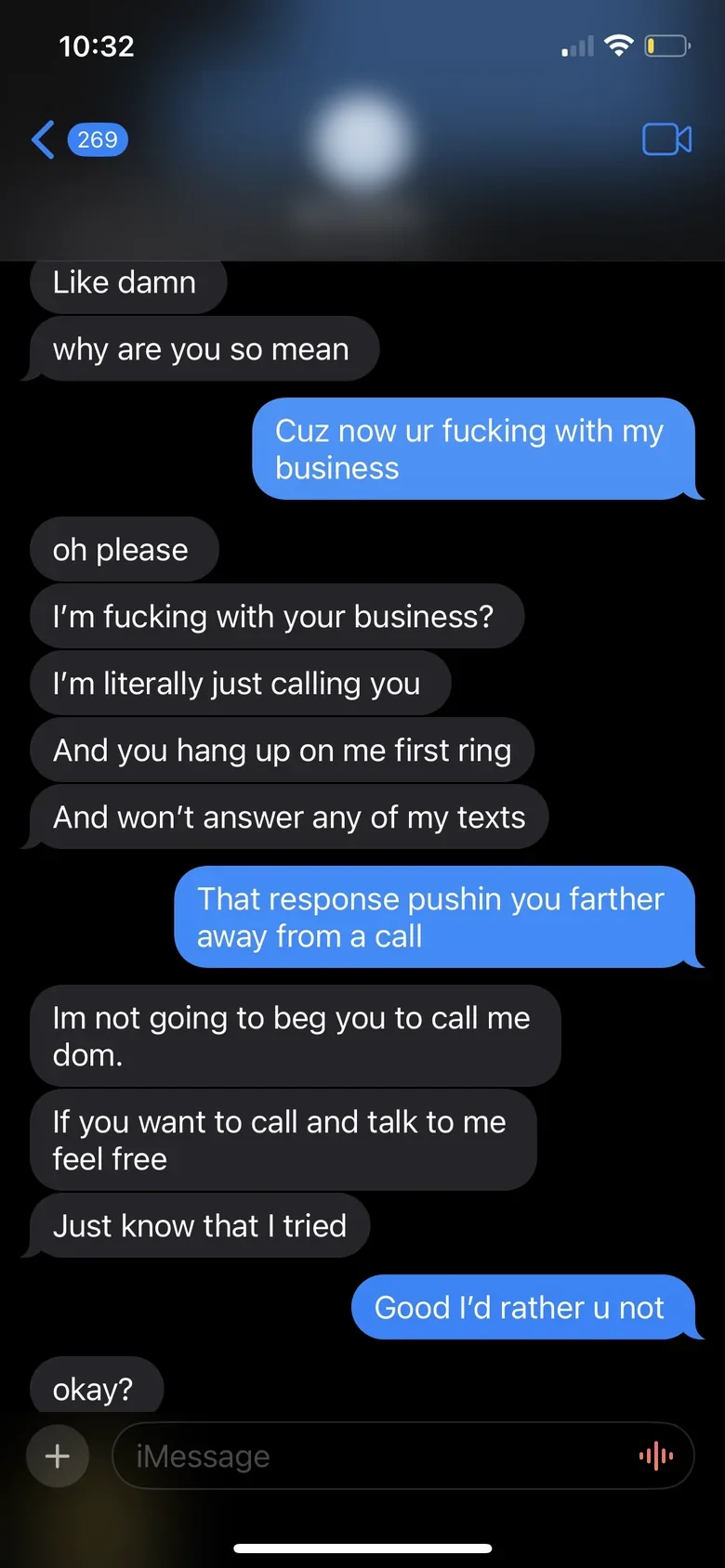 A text conversation in which she explains herself at length and he answers in one line.