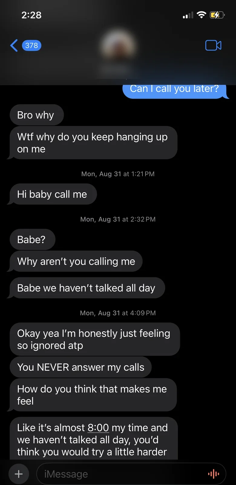 A text conversation in which she sends message after message asking him to call.