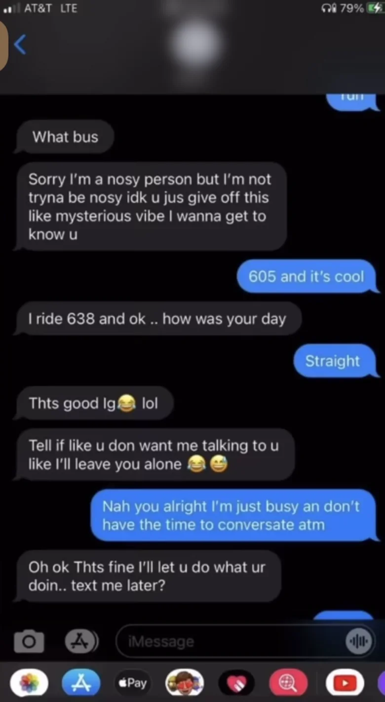 A text conversation in which she asks whether she can keep talking to him later.
