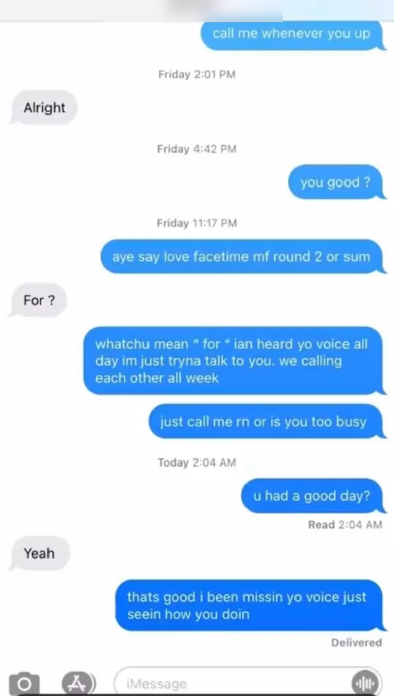 A text conversation in which he asks repeatedly to talk and she answers in one word.